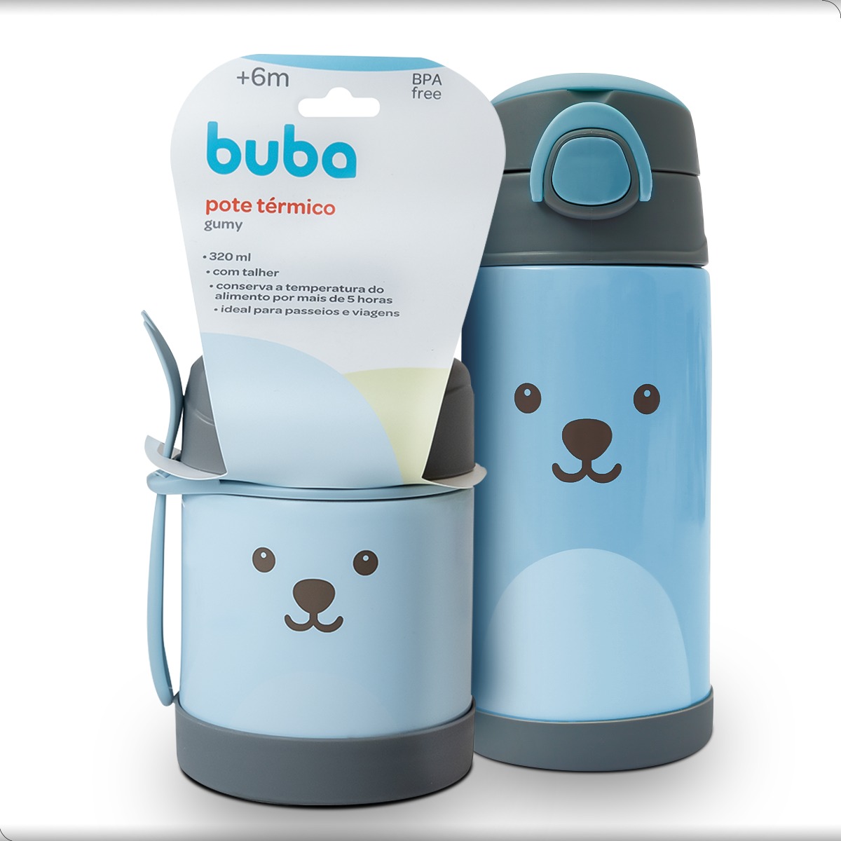 Kit Garrafa Gumy e Pote Térmico Buba Cor Azul